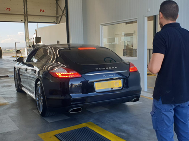 Porsche Panamera 4 Coupe has rear lights checked at test centre in Lorca Porsche Panamera 4 Coupe at test centre